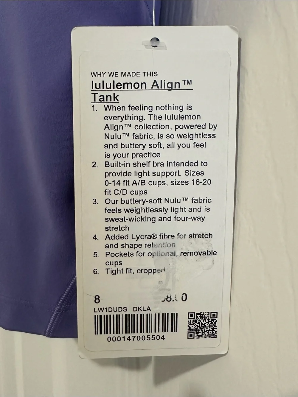 Lululemon Align Tank Top A/B Cup Dark Lavender Size 8-NWT